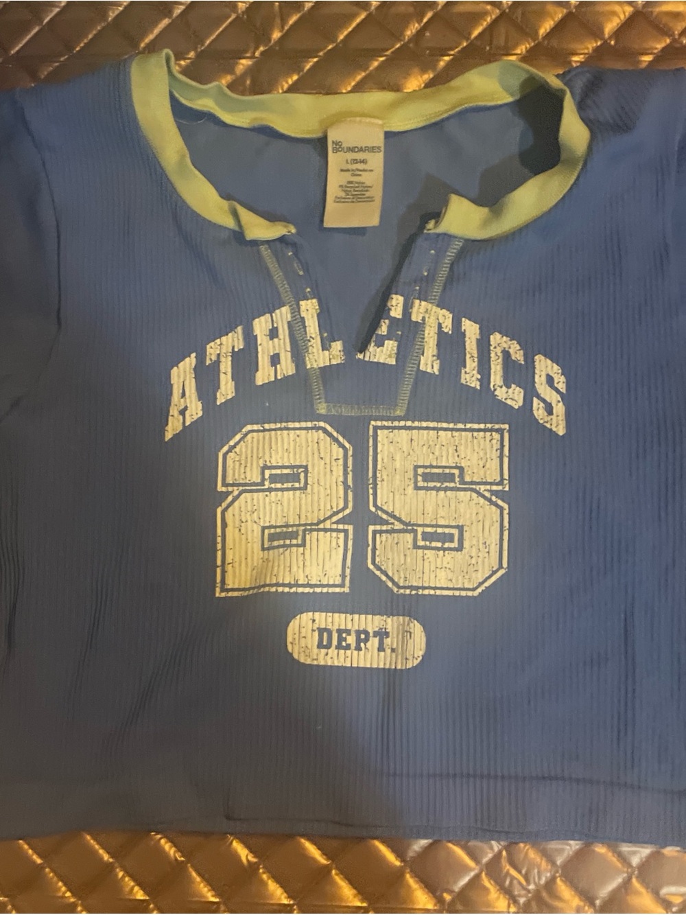 No Boundaries Blue Tee with Yellow Trim and White Graphic